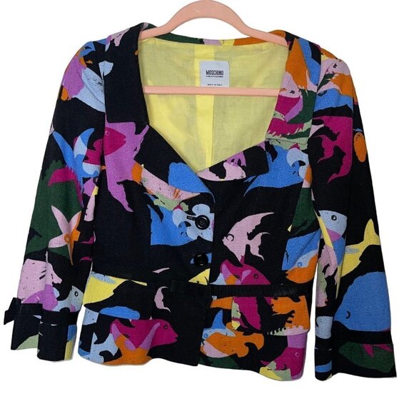 Moschino Cheap And Chic Womens Blazer Size 6 Black Bow Accent Fish Print Cotton - Picture 11 of 15